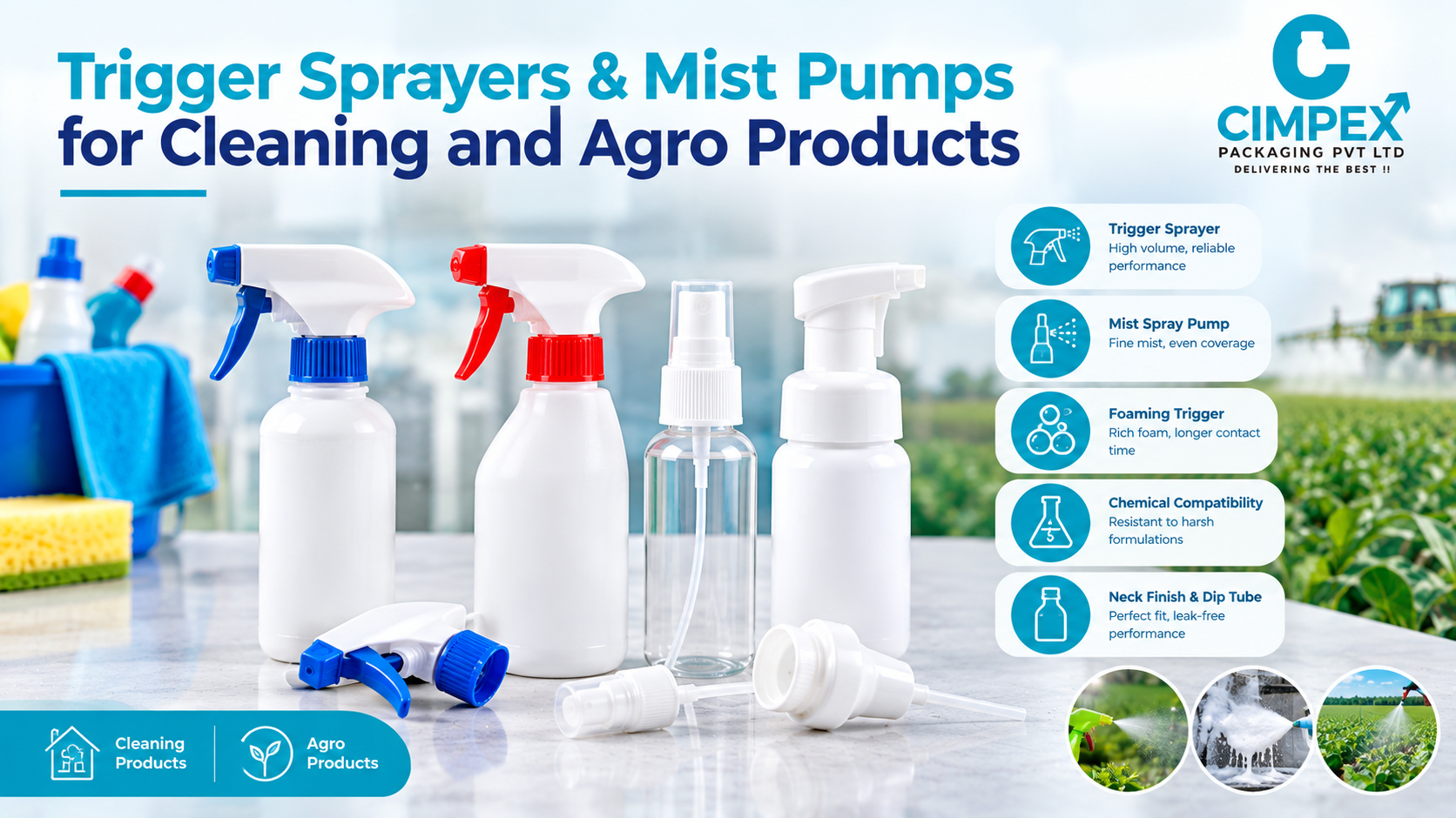 Trigger sprayers and mist spray pumps for cleaning and agrochemical product applications, displayed with plastic bottles and spray accessories.