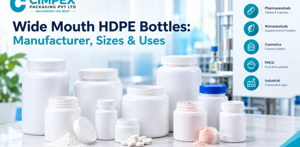Wide mouth HDPE bottles and jars displayed for pharmaceutical, nutraceutical, cosmetic, FMCG, and industrial packaging applications.