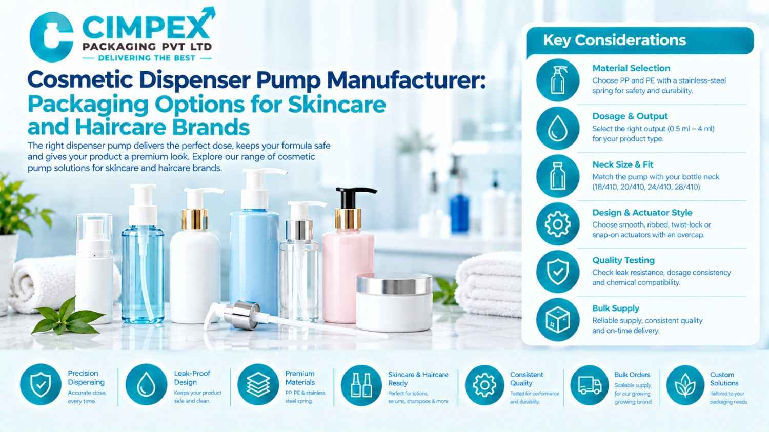 Cosmetic dispenser pump manufacturer offering packaging solutions for skincare and haircare brands, including lotion pumps and premium dispensing bottles.