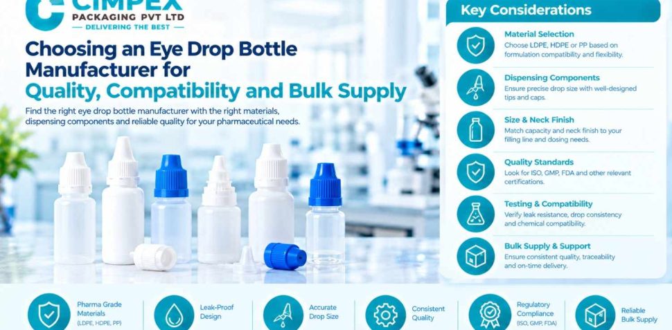 Cimpex Packaging infographic on choosing an eye drop bottle manufacturer, highlighting material selection, dropper components, bottle sizes, quality testing and bulk supply.