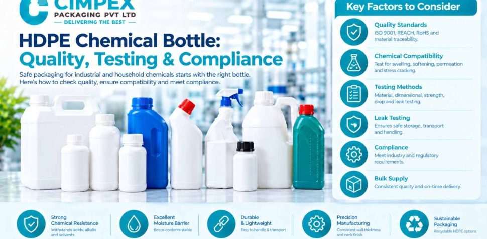 HDPE chemical bottles for industrial and household chemicals, highlighting chemical compatibility, leak testing, quality standards, compliance, and packaging durability.