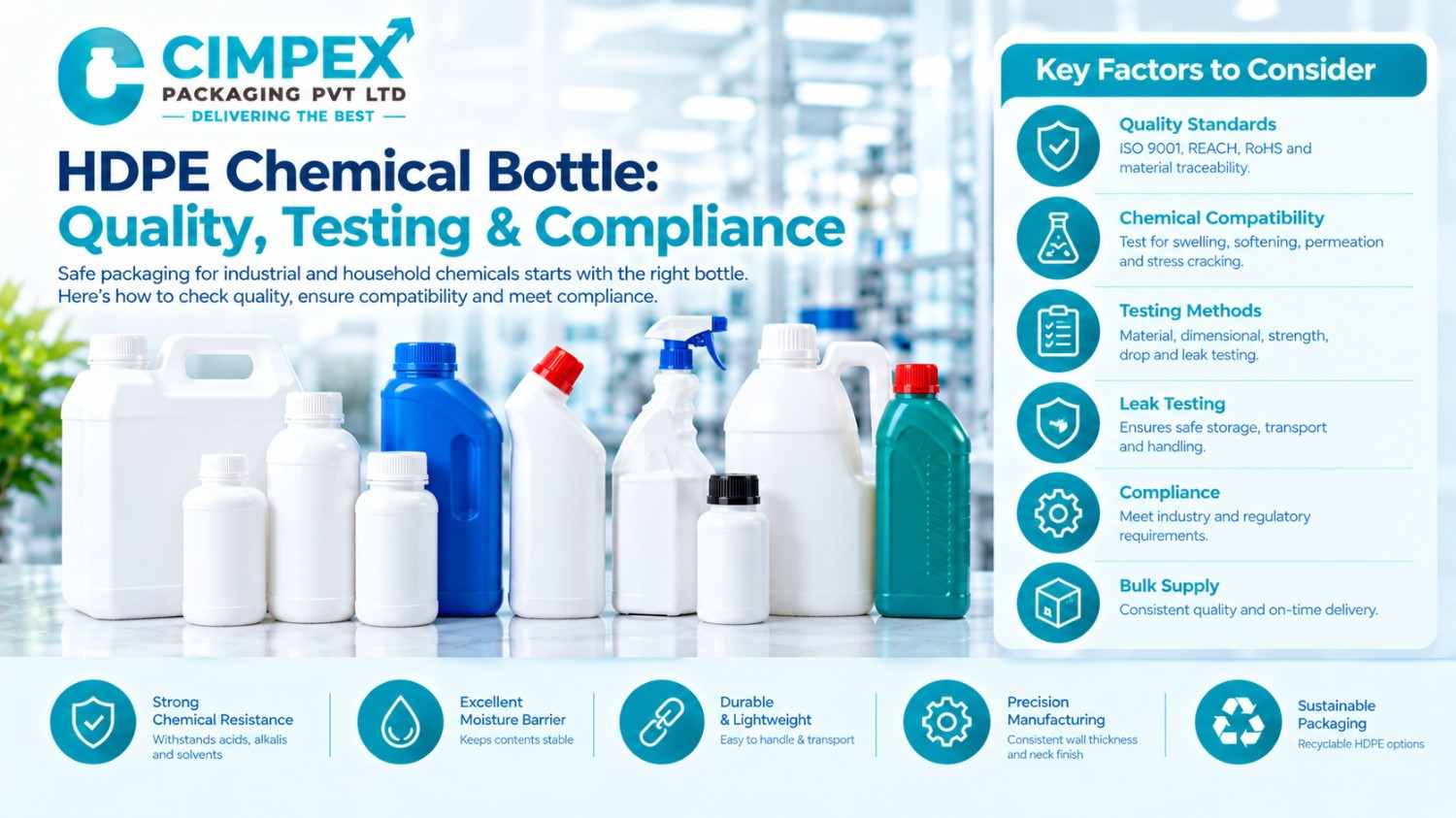 HDPE chemical bottles for industrial and household chemicals, highlighting chemical compatibility, leak testing, quality standards, compliance, and packaging durability.