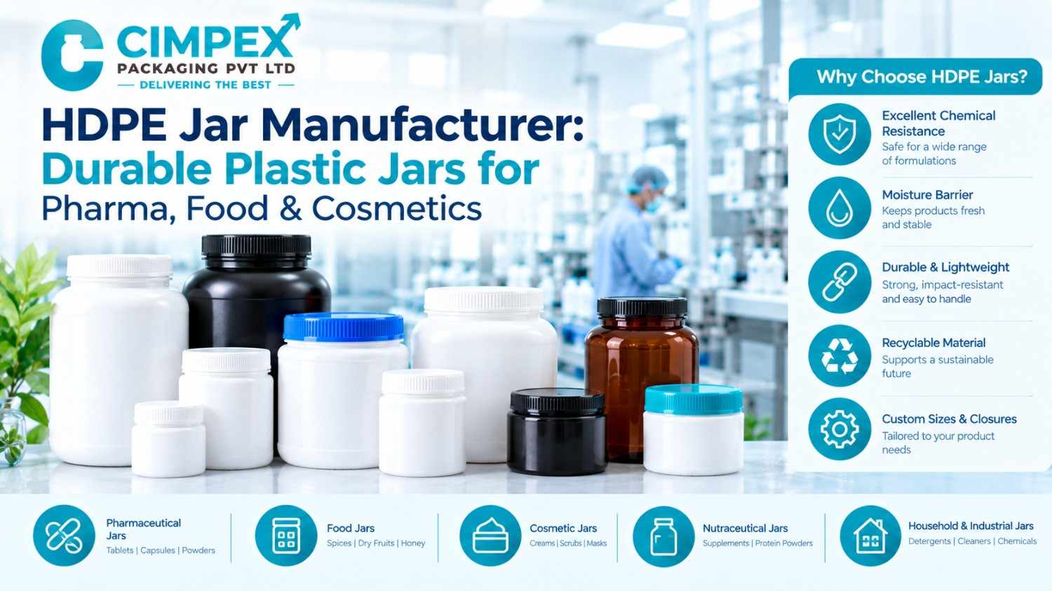 HDPE jar manufacturer offering durable plastic jars for pharmaceutical, food, cosmetic, nutraceutical, household and industrial products