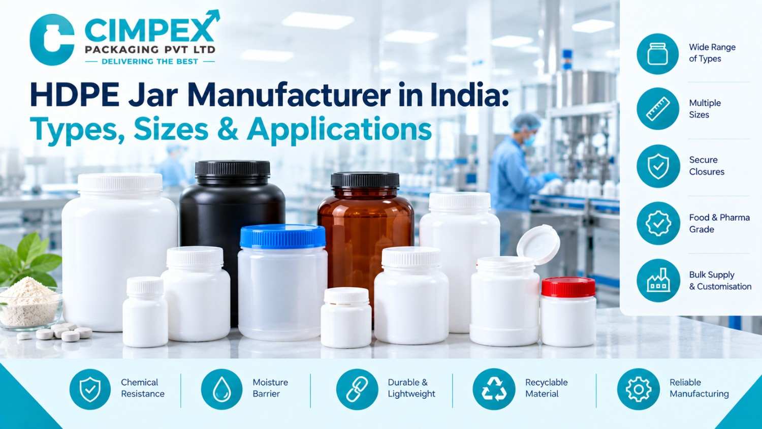 HDPE jar manufacturer in India offering jars in multiple sizes with secure closures for food, pharmaceutical, nutraceutical and chemical packaging.