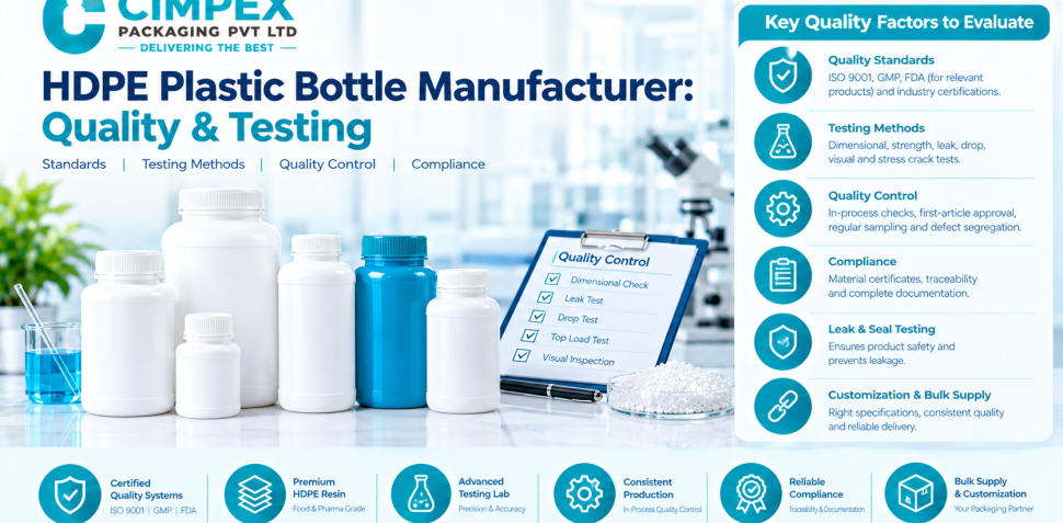 HDPE plastic bottle manufacturer quality and testing infographic showing pharmaceutical bottles, quality control checks, leak testing, dimensional inspection, compliance, and certification.
