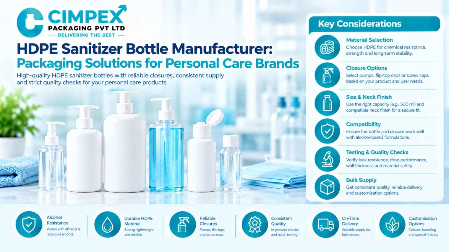 HDPE sanitizer bottle manufacturer providing durable sanitizer bottles with reliable pumps and closures for personal care brands.