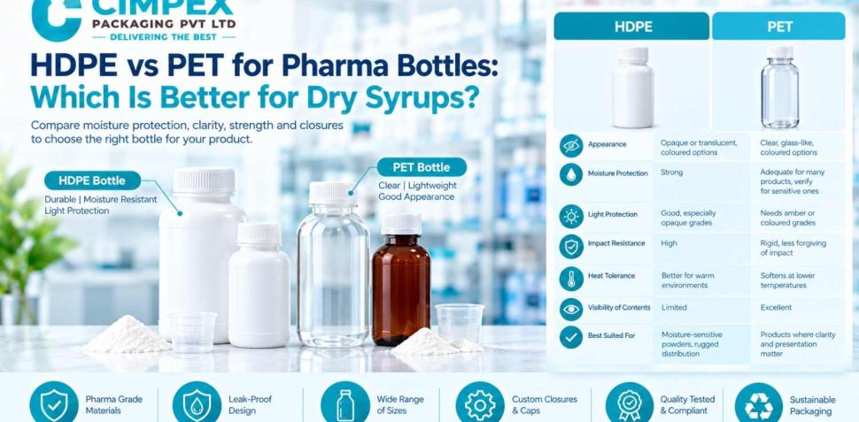 HDPE vs PET pharma bottles for dry syrups, comparing moisture protection, light protection, durability, and product visibility.