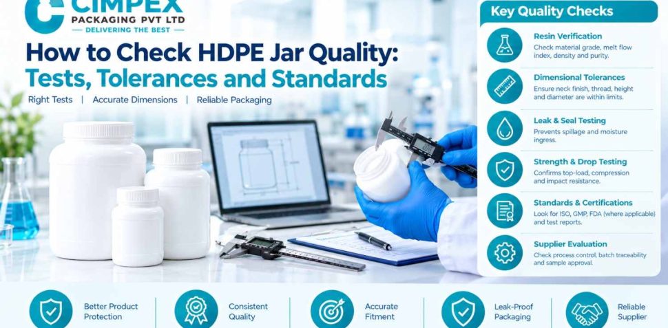 How to check HDPE jar quality through resin verification, dimensional tolerance checks, leak testing, strength testing, and packaging standards.