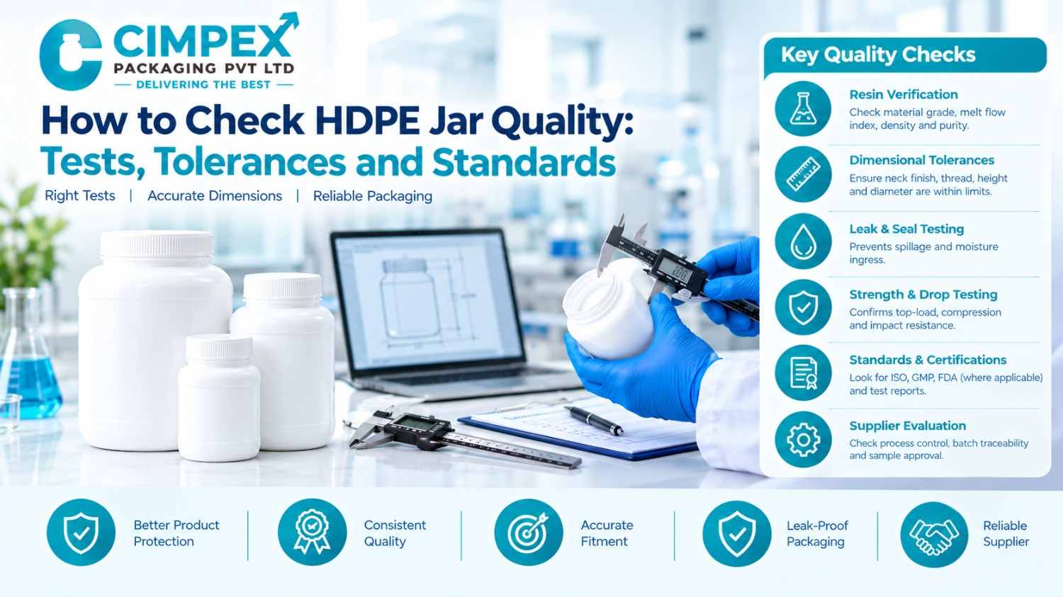 How to check HDPE jar quality through resin verification, dimensional tolerance checks, leak testing, strength testing, and packaging standards.