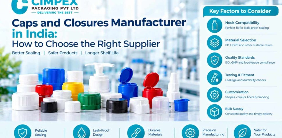 Caps and closures manufacturer in India highlighting neck compatibility, material selection, quality standards, testing, customization and bulk supply.