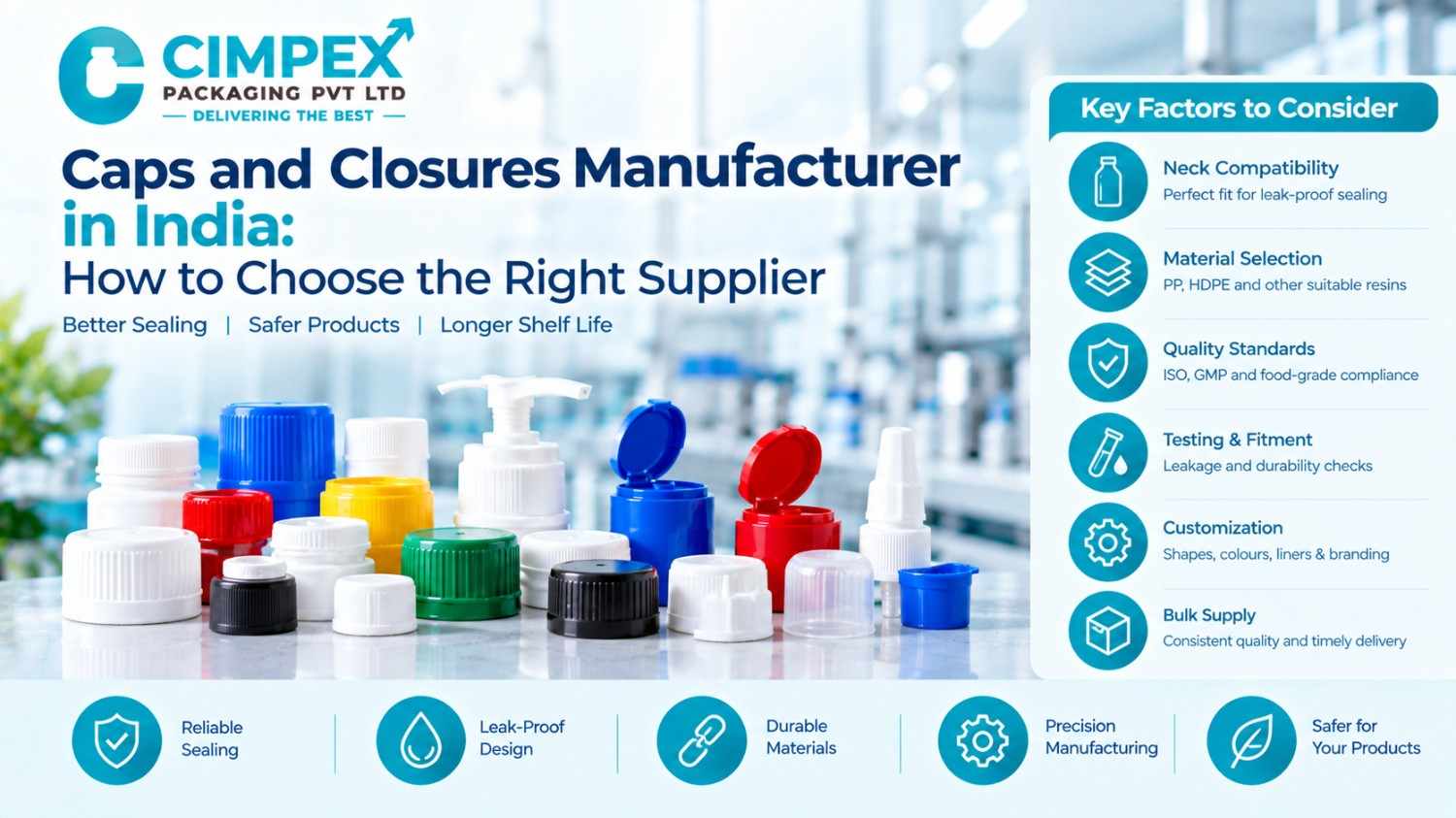 Caps and closures manufacturer in India highlighting neck compatibility, material selection, quality standards, testing, customization and bulk supply.