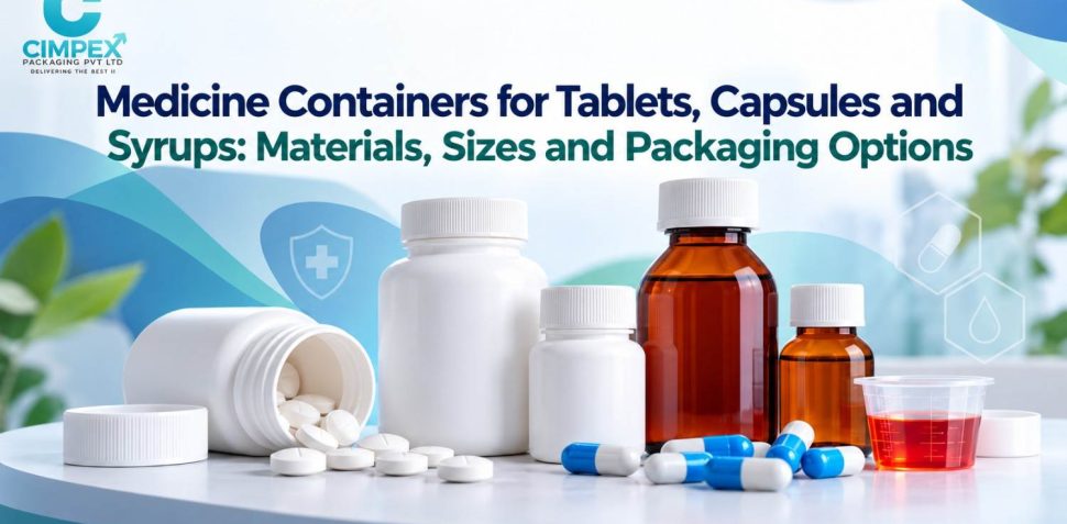 Medicine containers for tablets, capsules and syrups, featuring white plastic bottles, amber pharmaceutical bottles, tablets, capsules and a measuring cup.