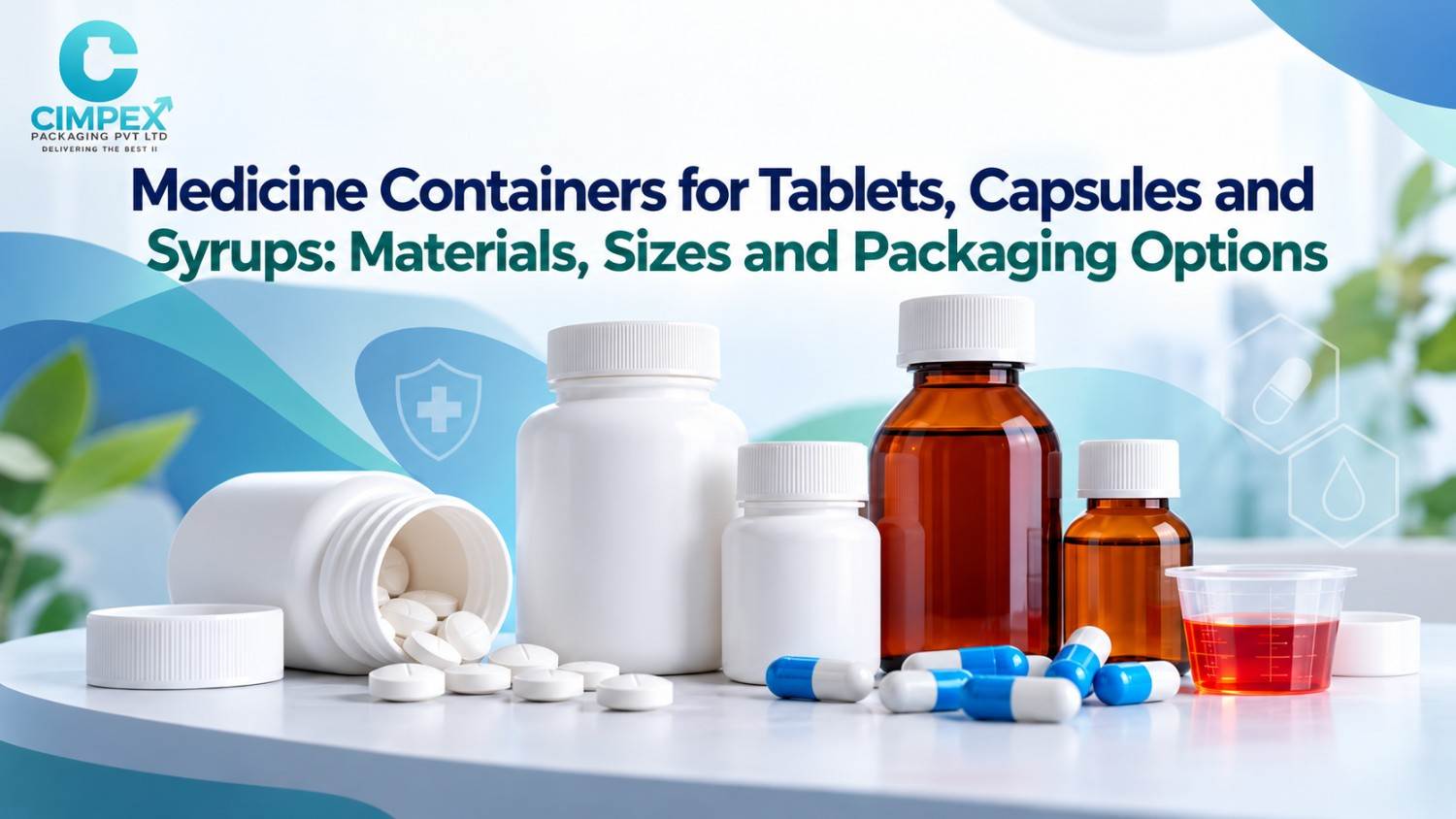 Medicine containers for tablets, capsules and syrups, featuring white plastic bottles, amber pharmaceutical bottles, tablets, capsules and a measuring cup.