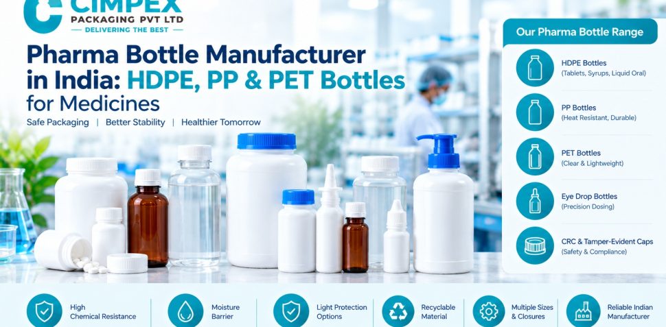Pharma bottle manufacturer in India showcasing HDPE, PP, PET, eye drop bottles and pharmaceutical closures.