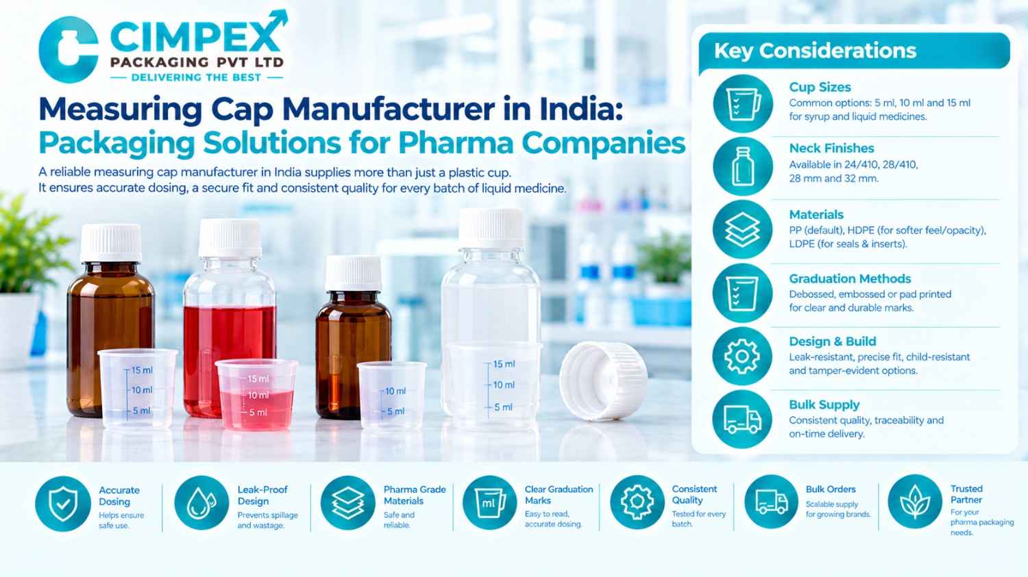 Measuring cap manufacturer in India offering pharmaceutical packaging solutions with graduated measuring cups, medicine bottles, and leak-proof caps by Cimpex Packaging Pvt Ltd.