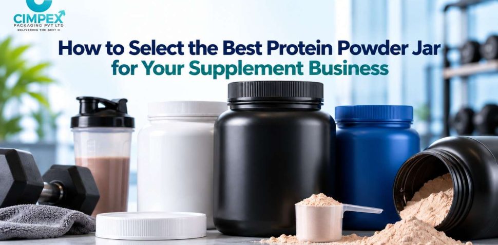 Protein powder jars in black, white and blue plastic with screw caps, a protein shaker and a measuring scoop, illustrating supplement packaging options.