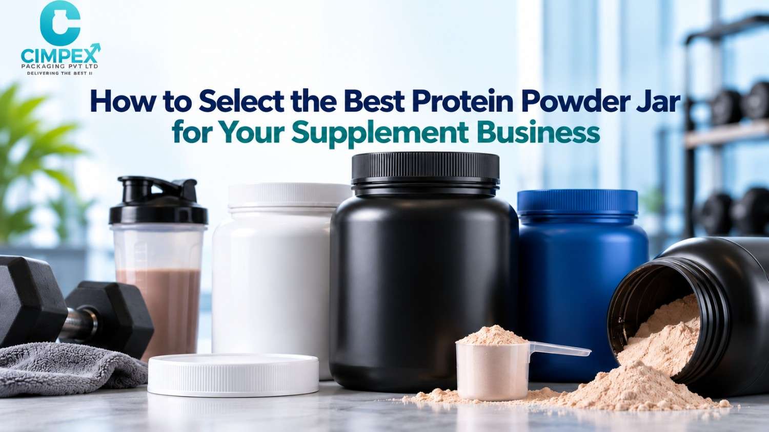 Protein powder jars in black, white and blue plastic with screw caps, a protein shaker and a measuring scoop, illustrating supplement packaging options.