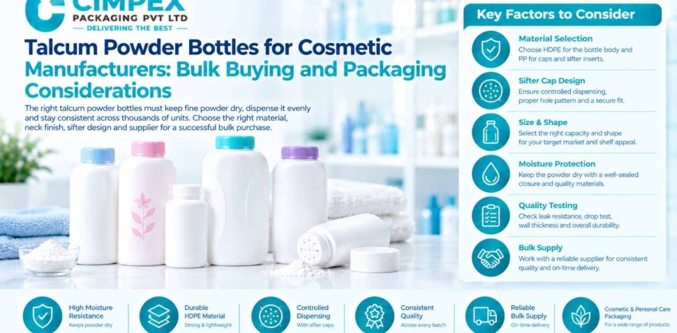 Cimpex Packaging infographic showcasing talcum powder bottles for cosmetic manufacturers, highlighting HDPE material, sifter cap design, moisture protection, quality testing and bulk supply.