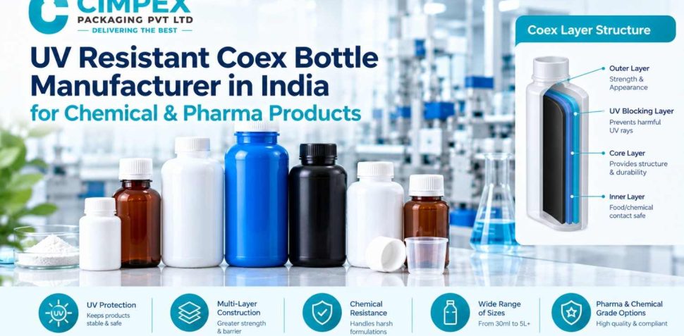 UV resistant coex bottle manufacturer in India for chemical and pharmaceutical products, featuring multilayer construction and UV-blocking protection.
